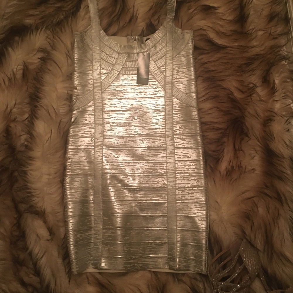 NWT metallic silver Bebe dress.